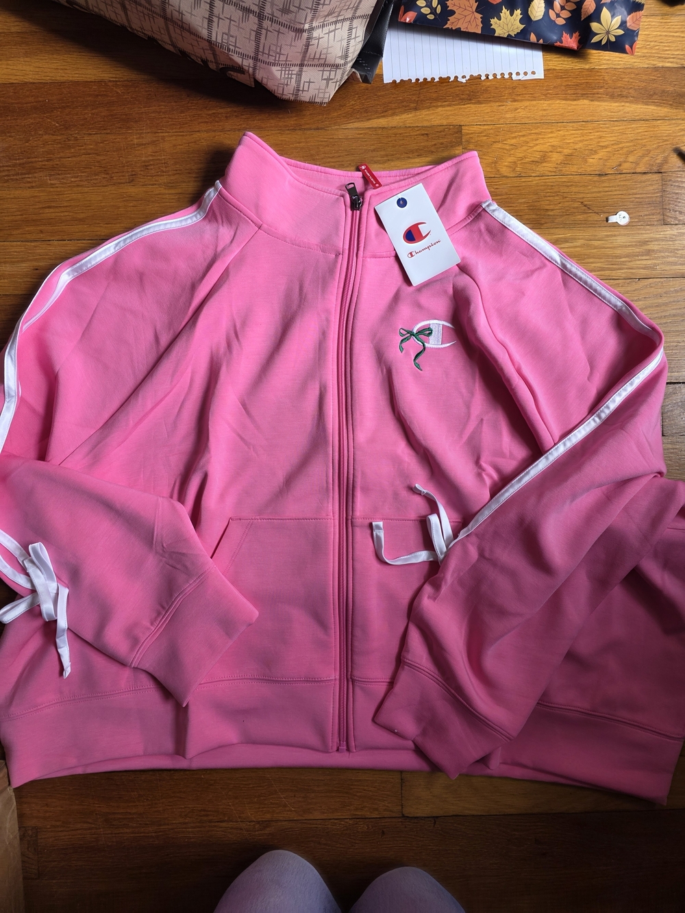 Champion Pink Full-Zip Varsity Jacket with White Trim